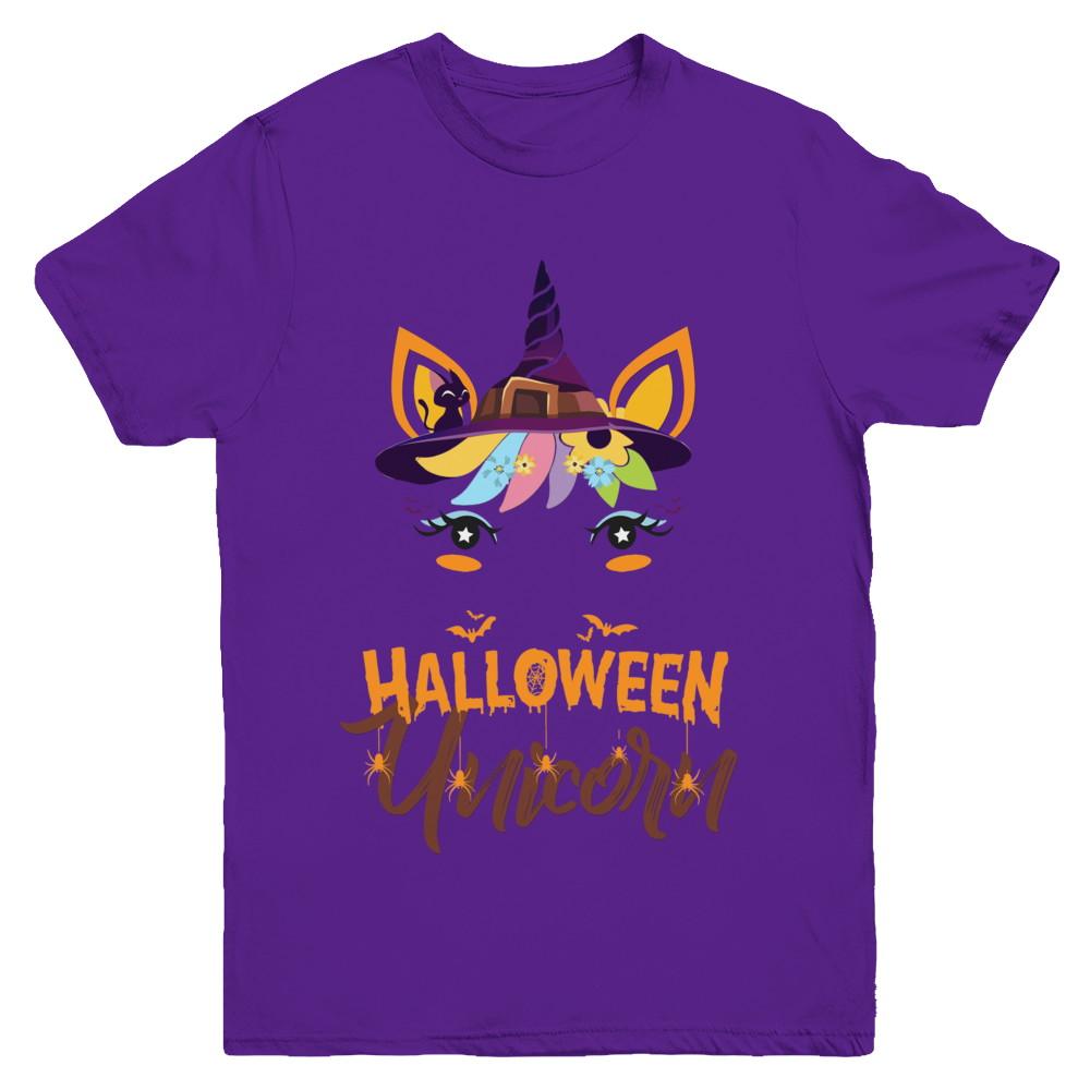 Halloween Costume Unicorn Witch Bats Youth-Youth Shirt-Youth T-Shirt-Purple