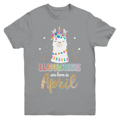 Llama Unicorn Llamacorns Born In April Birthday Gift Youth-Youth Shirt-Youth T-Shirt-Sport Grey