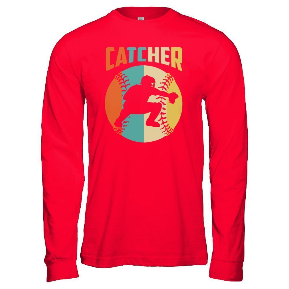 Classic Vintage Retro Style Catcher Baseball-T-Shirt & Hoodie-Long Sleeve T-Shirt-Red