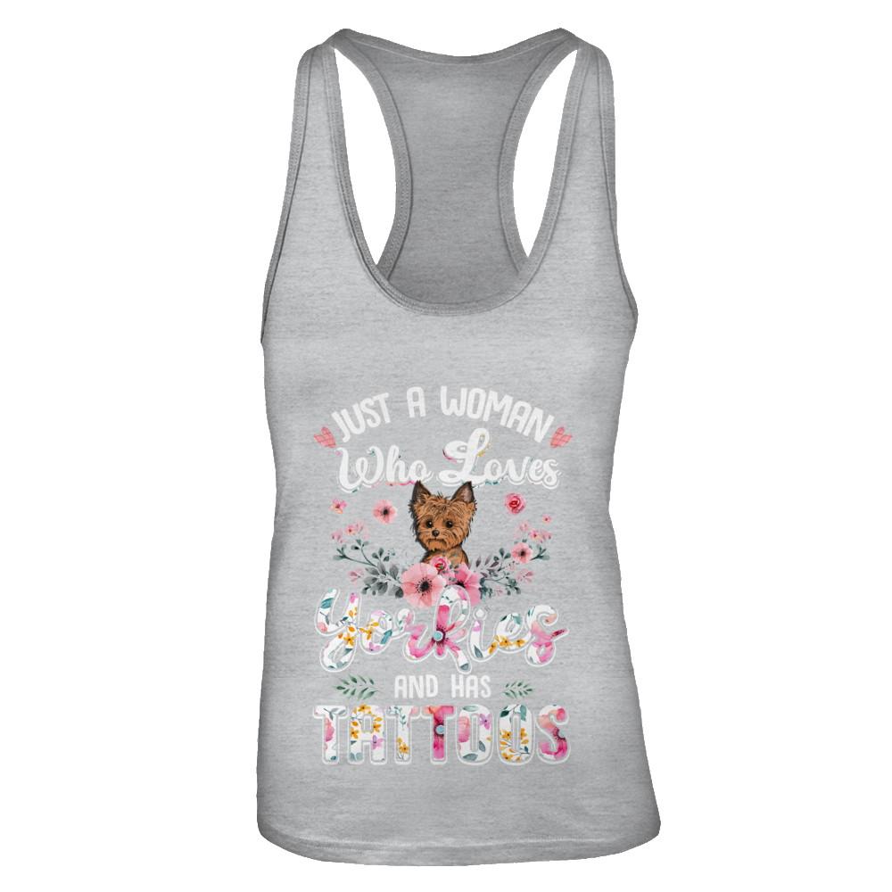 Just A Woman Who Loves Yorkies And Has Tattoos-T-Shirt & Tank Top-Women's Ideal Racerback Tank-Heather Grey
