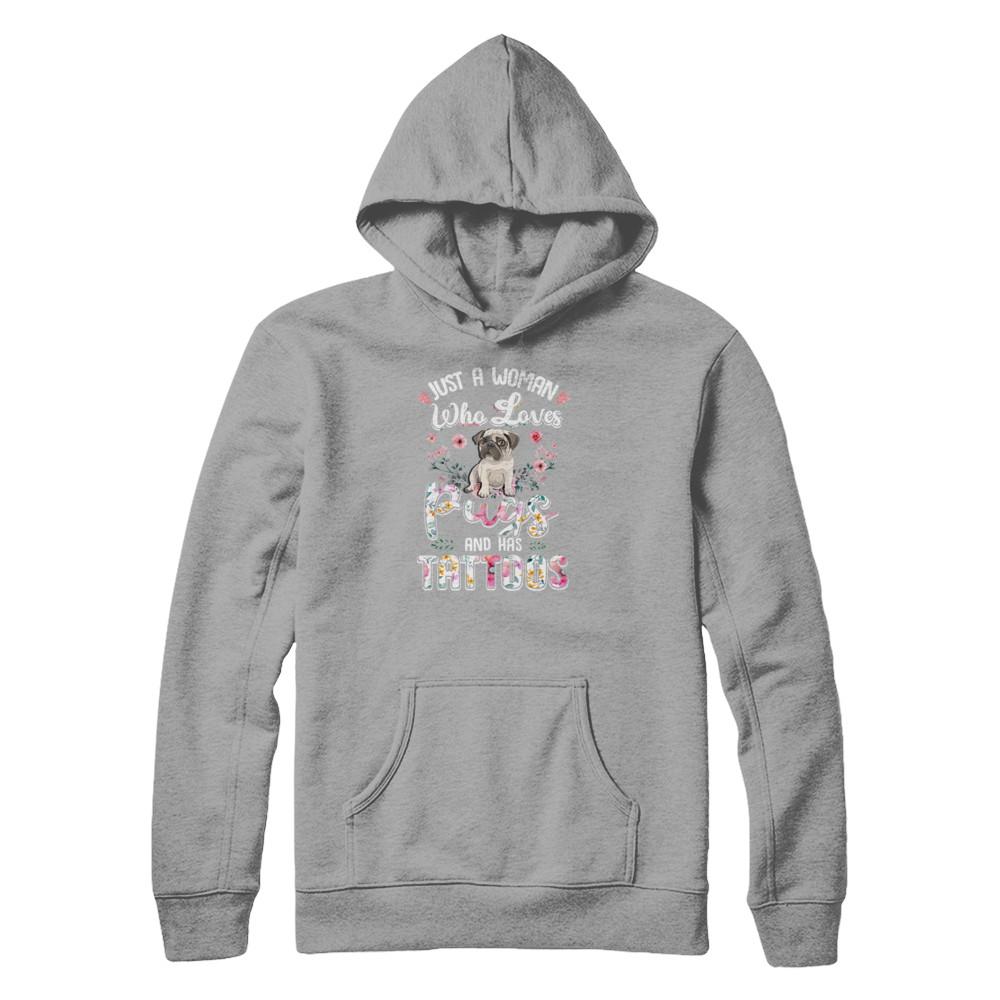 Just A Woman Who Loves Pugs And Has Tattoos-T-Shirt & Tank Top-Pullover Hoodie-Light Steel