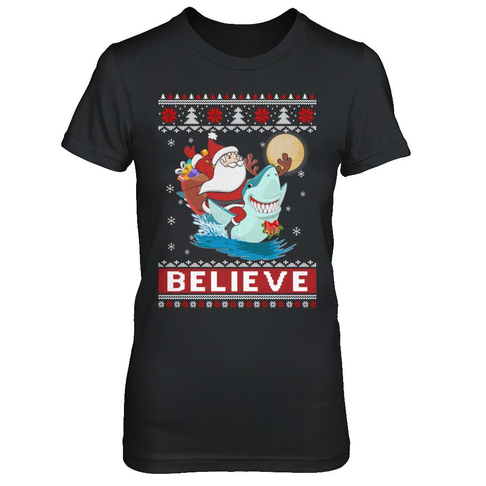Believe In Santa Riding Shark Ugly Christmas Sweater-T-Shirt & Sweatshirt-Women's T-Shirt-Black