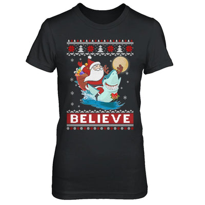 Believe In Santa Riding Shark Ugly Christmas Sweater-T-Shirt & Sweatshirt-Women's T-Shirt-Black
