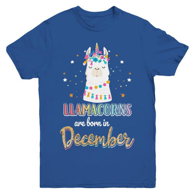 Llama Unicorn Llamacorns Born In December Birthday Gift Youth-Youth Shirt-Youth T-Shirt-Royal