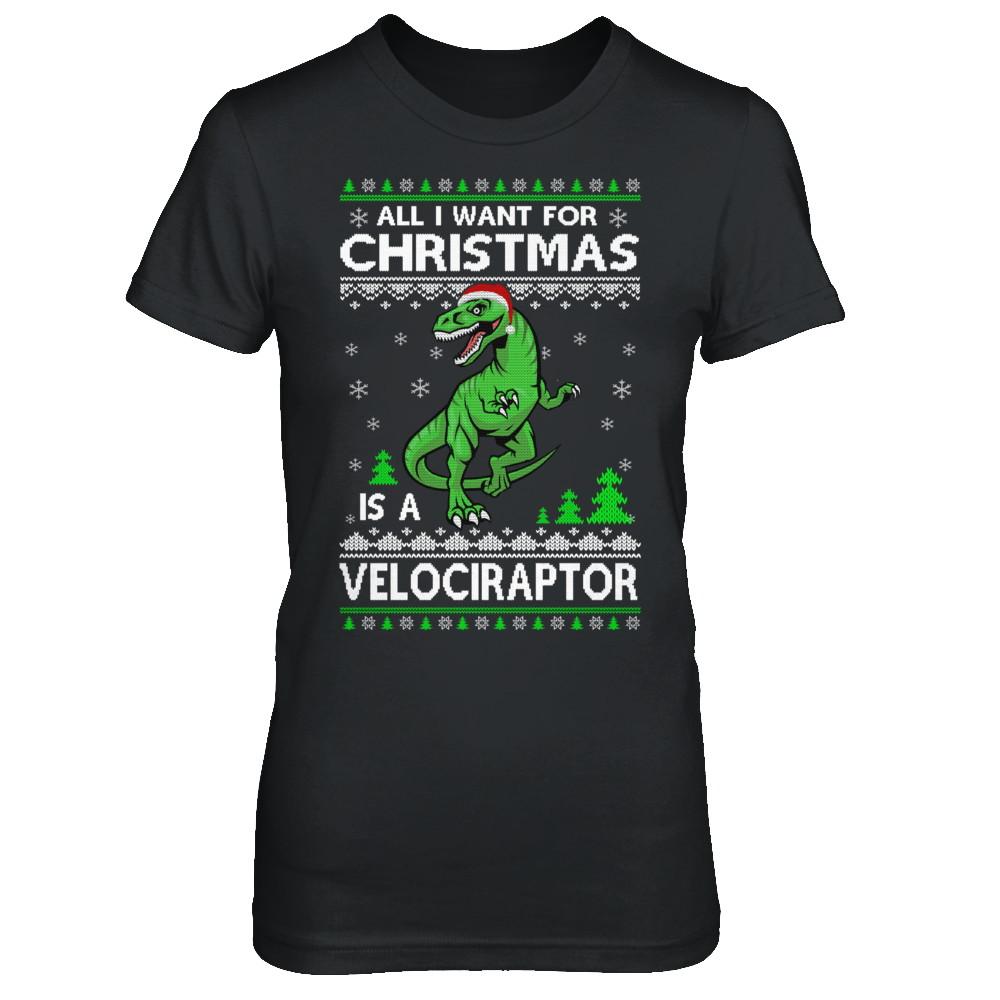 Funny Velociraptor Dinosaur Christmas Ugly Sweater-T-Shirt & Sweatshirt-Women's T-Shirt-Black