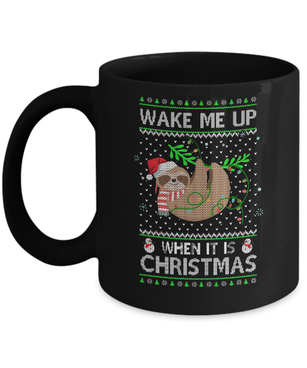 Wake Me Up When It's Christmas Sloth Ugly Christmas Sweater Mug-Coffee Mug-11oz Mug-Black