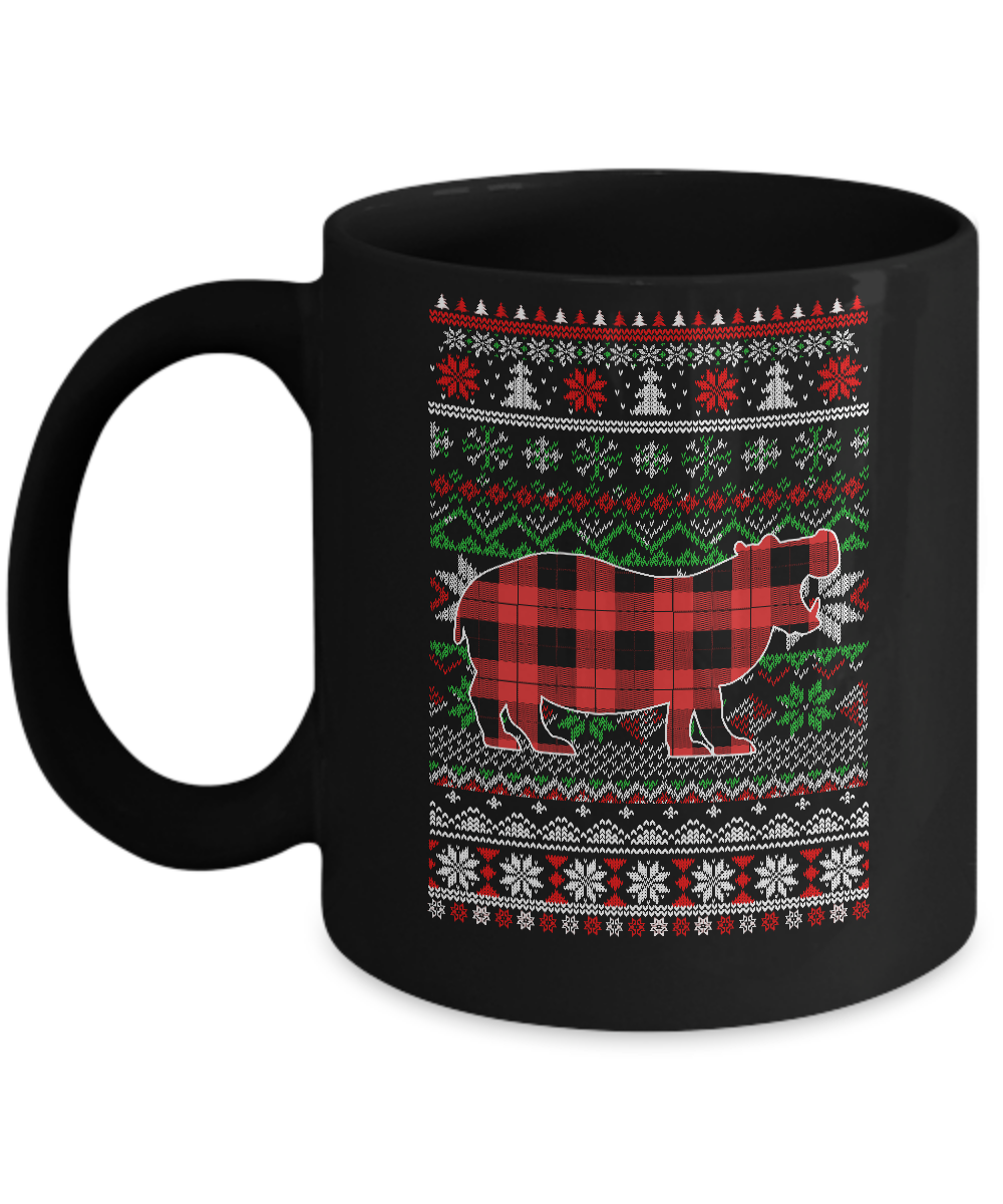 Hippo Red Plaid Ugly Christmas Sweater Funny Gifts Mug-Coffee Mug-11oz Mug-Black