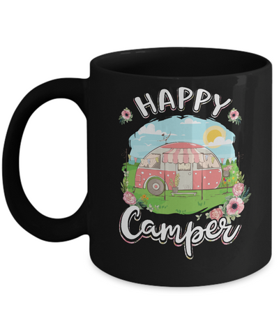 Happy Camper Flower Funny Camping Girl Gifts Mug-Coffee Mug-11oz Mug-Black