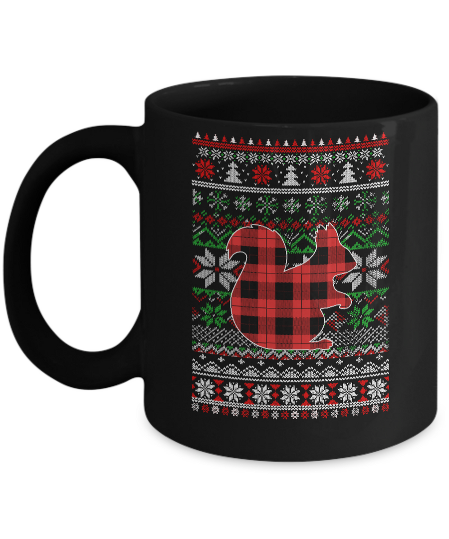 Squirrel Red Plaid Ugly Christmas Sweater Funny Gifts Mug-Coffee Mug-11oz Mug-Black