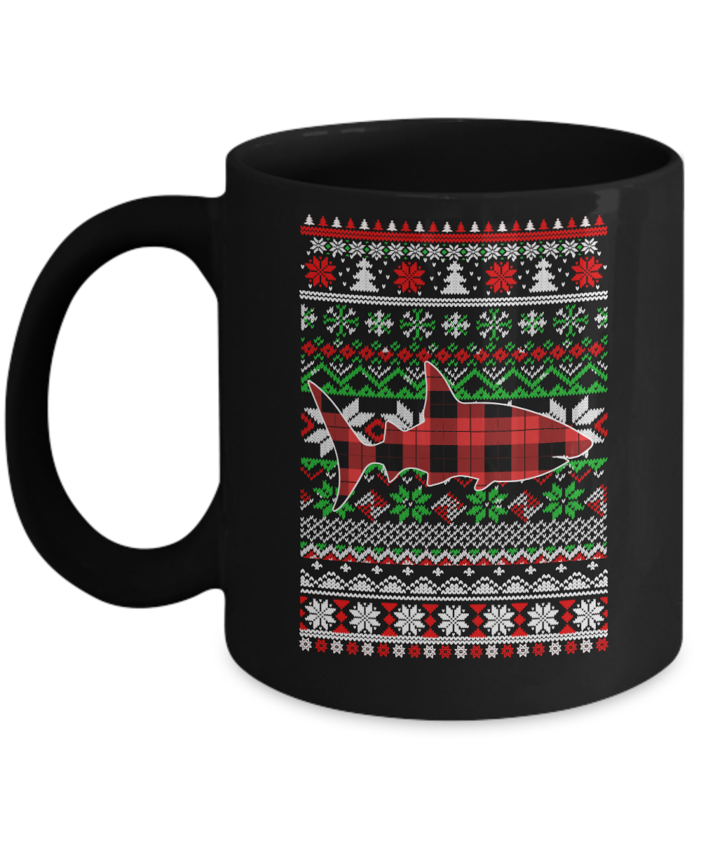 Shark Red Plaid Ugly Christmas Sweater Funny Gifts Mug-Coffee Mug-11oz Mug-Black