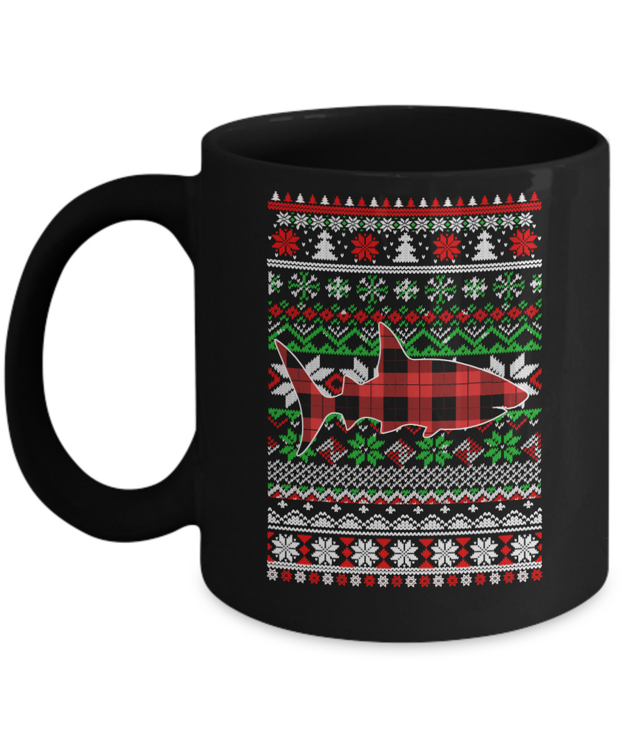 Shark Red Plaid Ugly Christmas Sweater Funny Gifts Mug-Coffee Mug-11oz Mug-Black