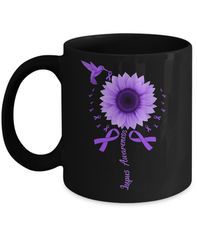 Hummingbird Sunflower Purple Ribbon Lupus Awareness Mug-Coffee Mug-11oz Mug-Black
