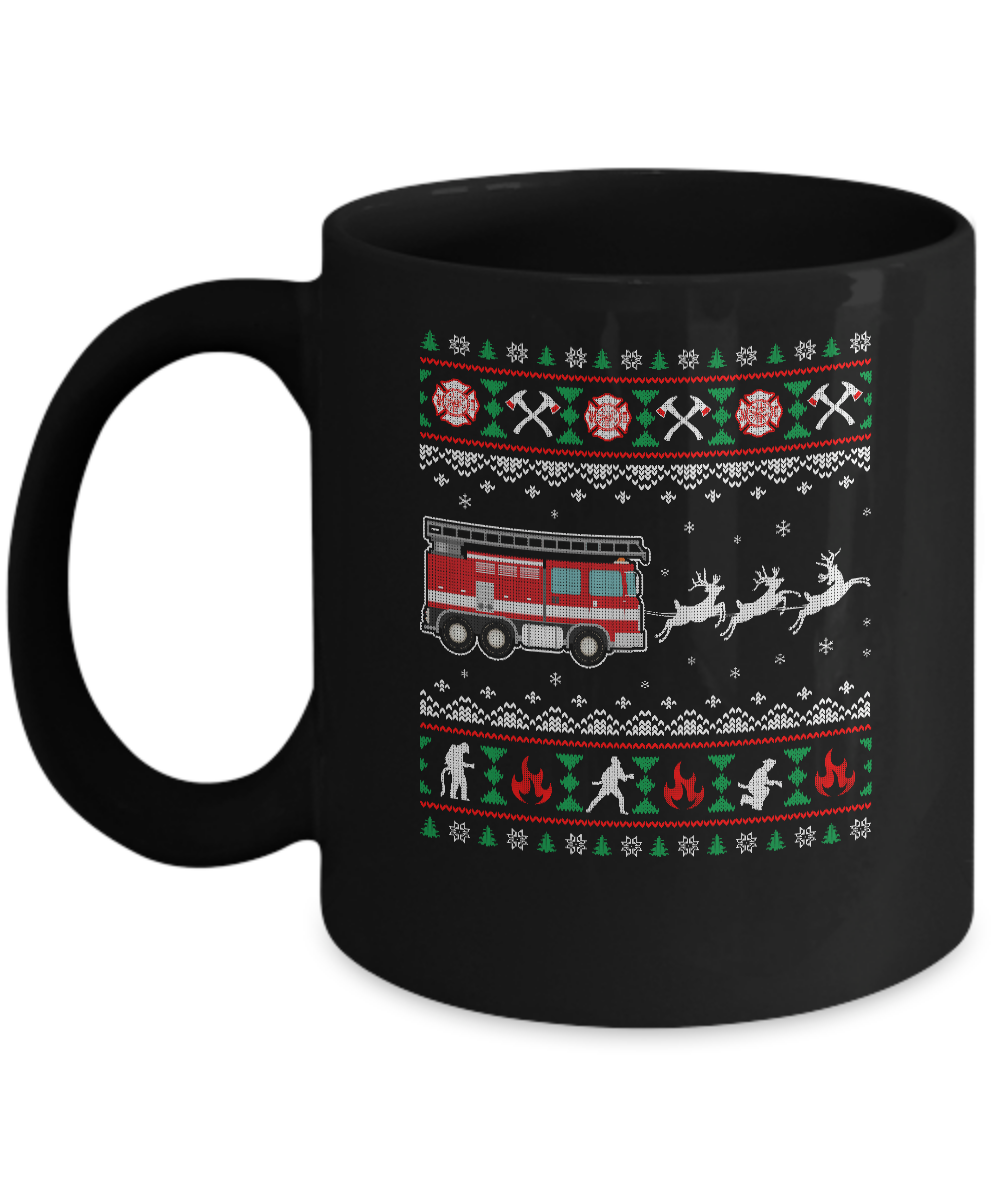 Merry Christmas Firefighter Fireman Ugly Sweater Gift Mug-Coffee Mug-11oz Mug-Black