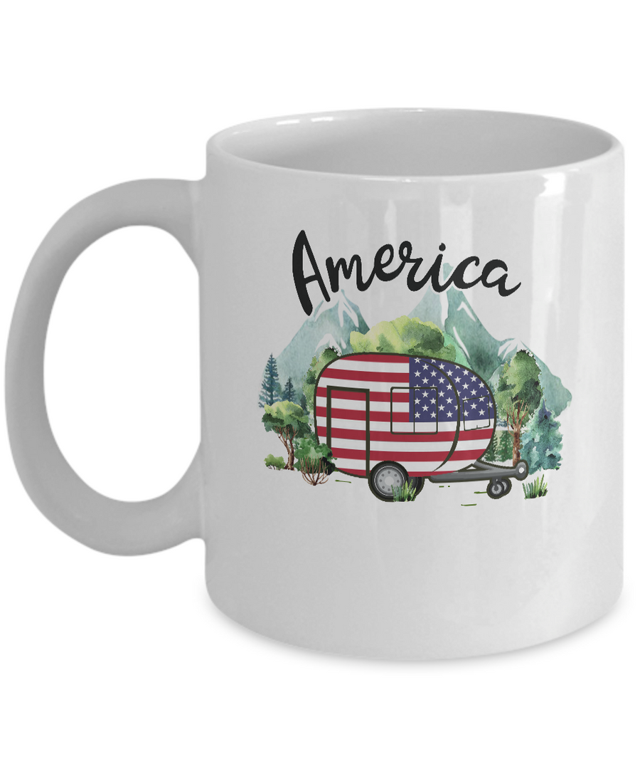 America Camping Camper American Flag Independence Day Gift Mug-Coffee Mug-11oz Mug-White