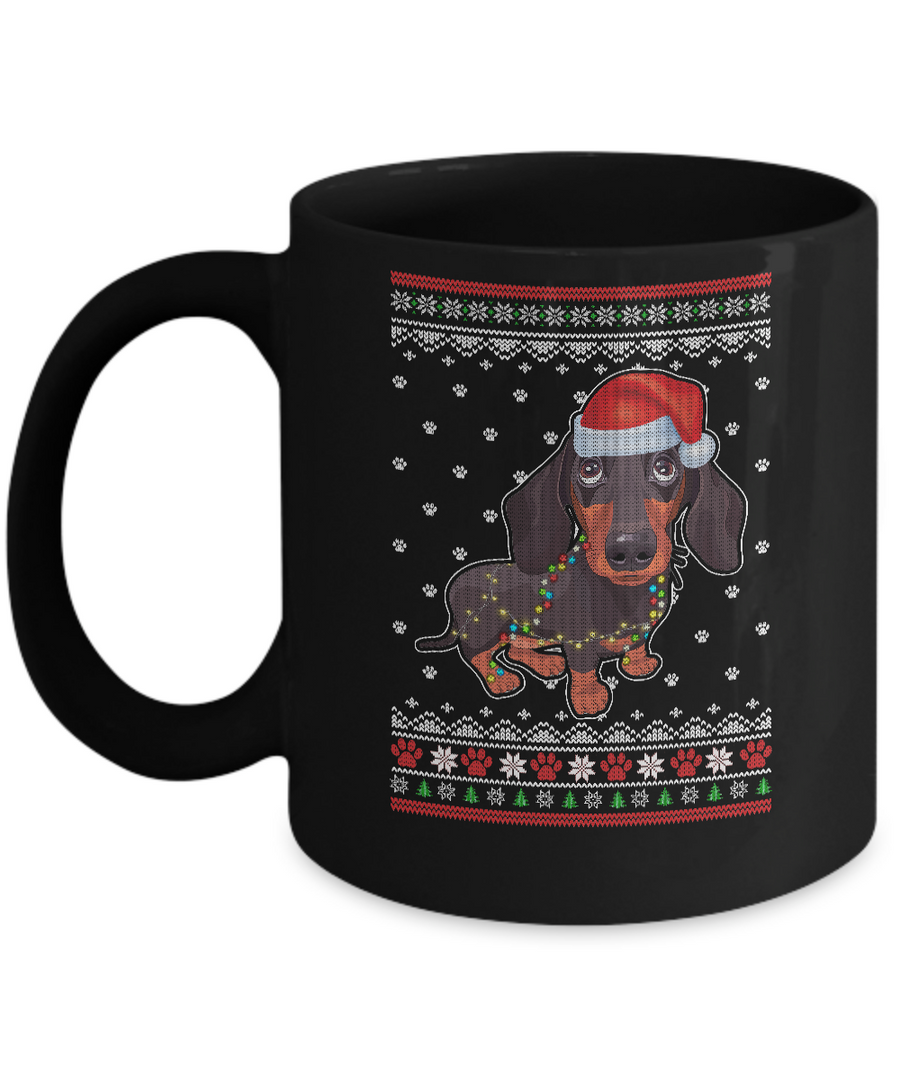 Dachshund Christmas Ugly Sweater Lights Dog Xmas Gift Mug-Coffee Mug-11oz Mug-Black