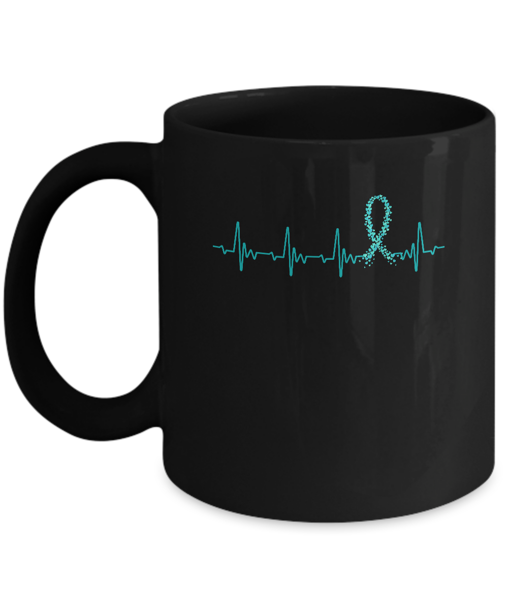 Ovarian Cancer Awareness Teal Ribbon Heartbeat Mug-Coffee Mug-11oz Mug-Black