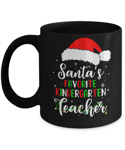 Santa's Favorite Kindergarten Teacher Santa Hat Christmas Light Mug-Coffee Mug-11oz Mug-Black