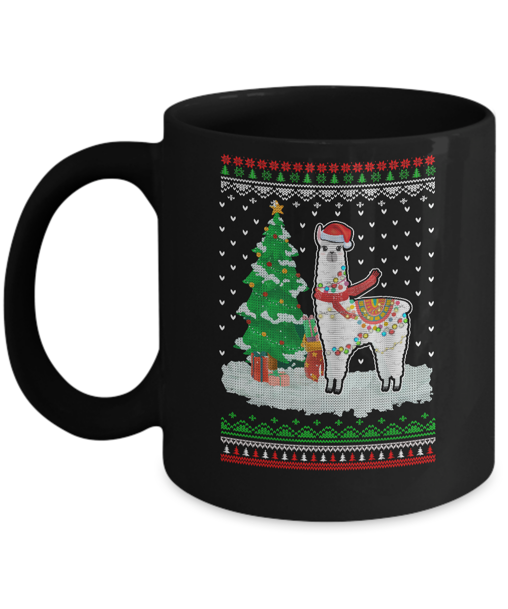 Xmas Alpaca Llama Santa Hat Ugly Christmas Sweater Mug-Coffee Mug-11oz Mug-Black