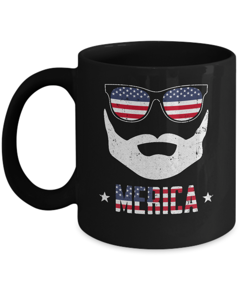 4th of July MERICA America Flag Mustache Dad Bearded Mug-Coffee Mug-11oz Mug-Black