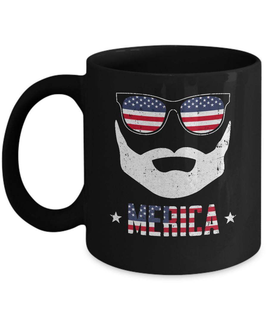 4th of July MERICA America Flag Mustache Dad Bearded Mug-Coffee Mug-11oz Mug-Black