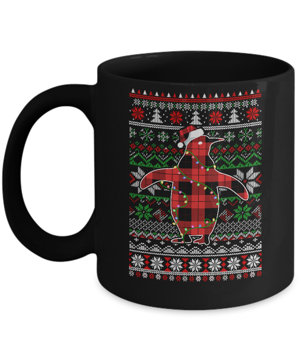 Red Plaid Buffalo Penguin Pajamas Family Christmas Sweater Mug-Coffee Mug-11oz Mug-Black