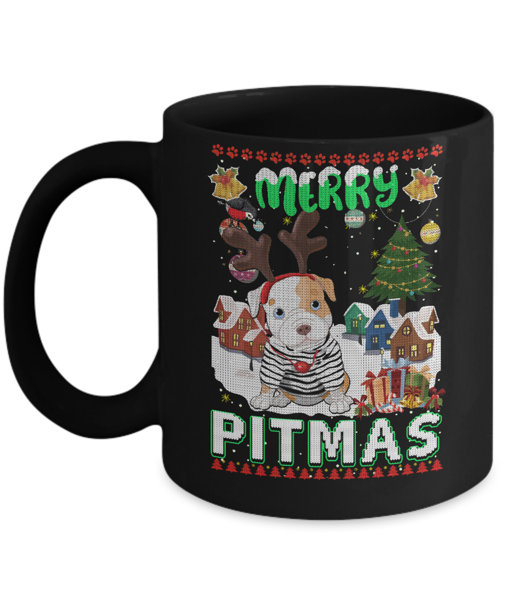 Cute Pitbull Christmas Merry Pigmas Ugly Sweater Christmas Mug-Coffee Mug-11oz Mug-Black