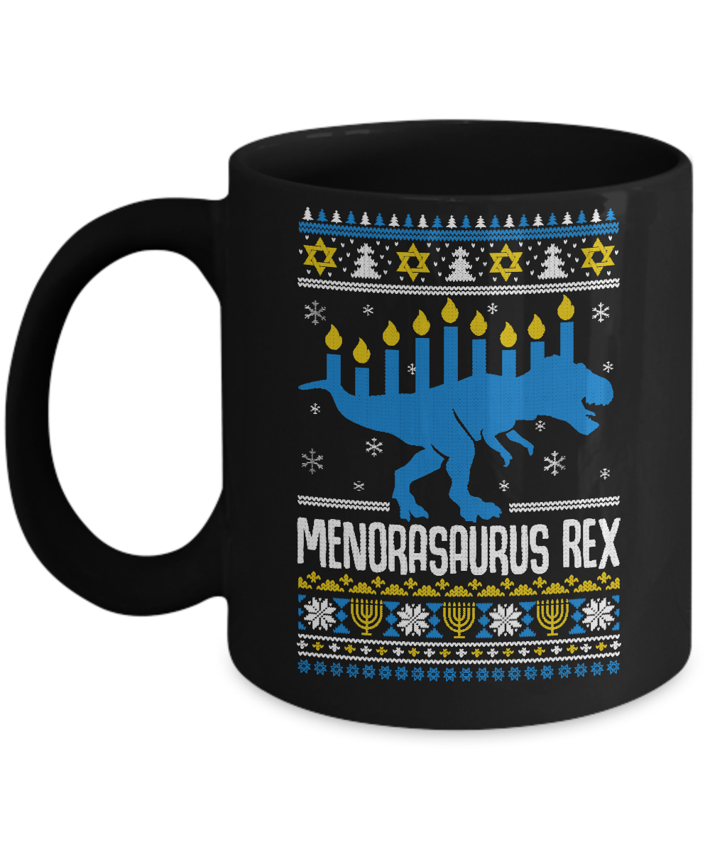 Funny Ugly Hanukkah Dinosaur T-Rex Menorasaurus Sweater Mug-Coffee Mug-11oz Mug-Black