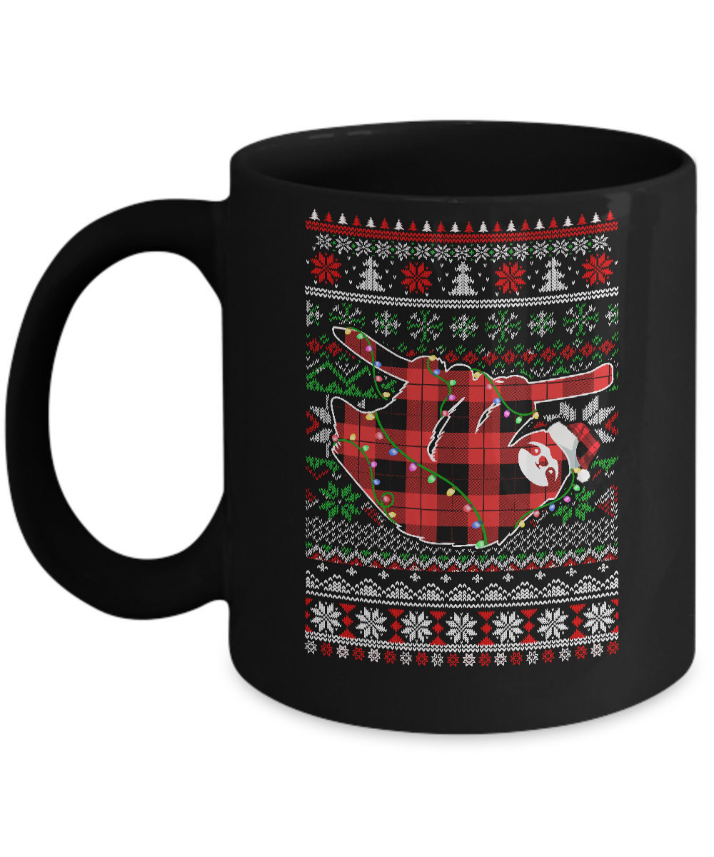 Red Plaid Buffalo Sloth Pajamas Family Christmas Sweater Mug