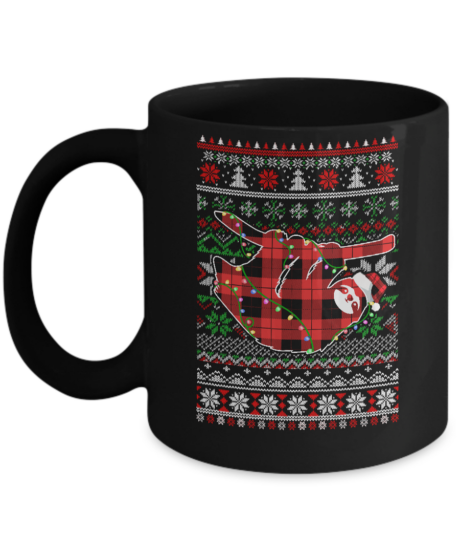 Red Plaid Buffalo Sloth Pajamas Family Christmas Sweater Mug-Coffee Mug-11oz Mug-Black