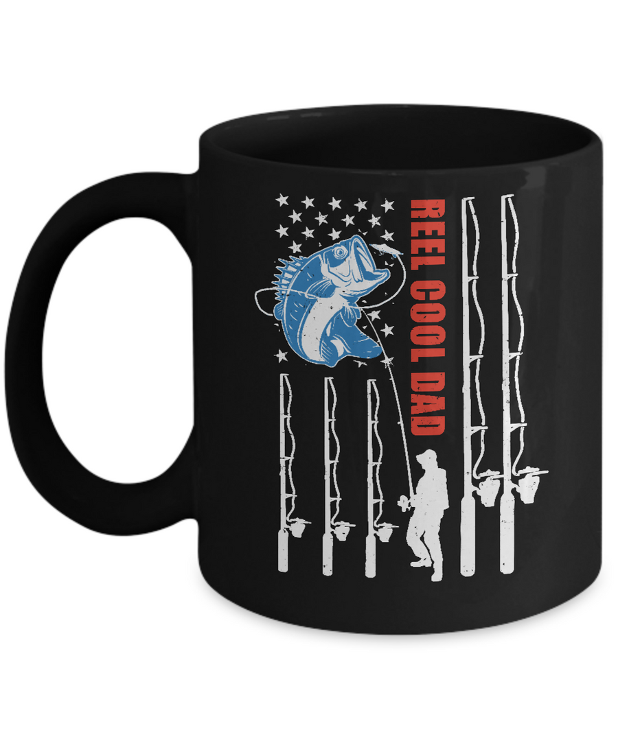 Reel Cool Dad American Flag Fish Fishing Fathers Day Mug-Coffee Mug-11oz Mug-Black