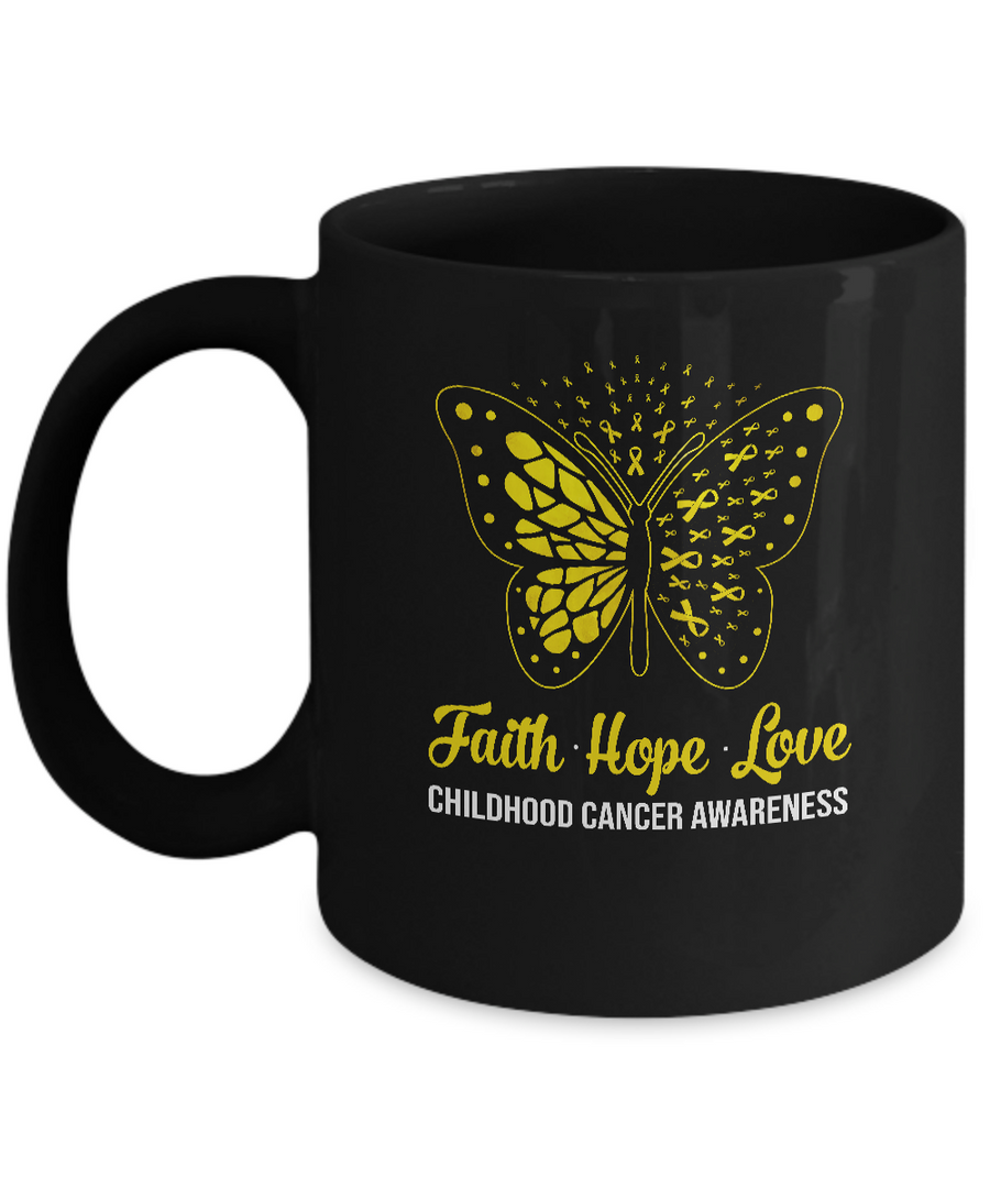 Faith Hope Love Gold Butterfly Childhood Cancer Awareness Mug-Coffee Mug-11oz Mug-Black