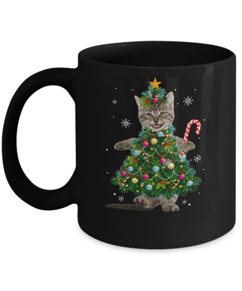 Santa Maine Coon Cat Christmas Tree Light Funny Xmas Cat Mug-Coffee Mug-11oz Mug-Black