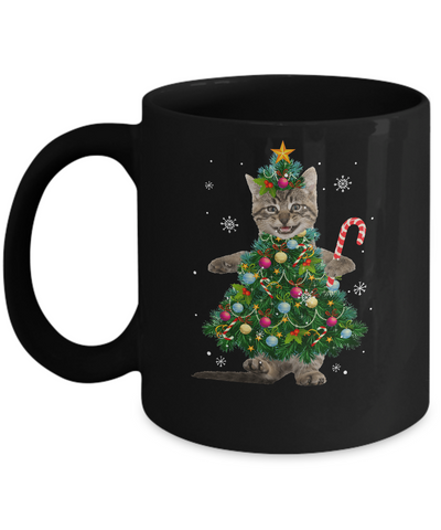 Santa Maine Coon Cat Christmas Tree Light Funny Xmas Cat Mug-Coffee Mug-11oz Mug-Black