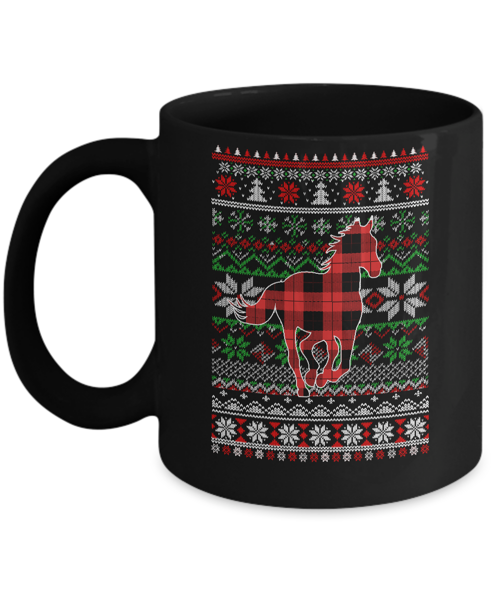 Horse Red Plaid Ugly Christmas Sweater Funny Gifts Mug-Coffee Mug-11oz Mug-Black