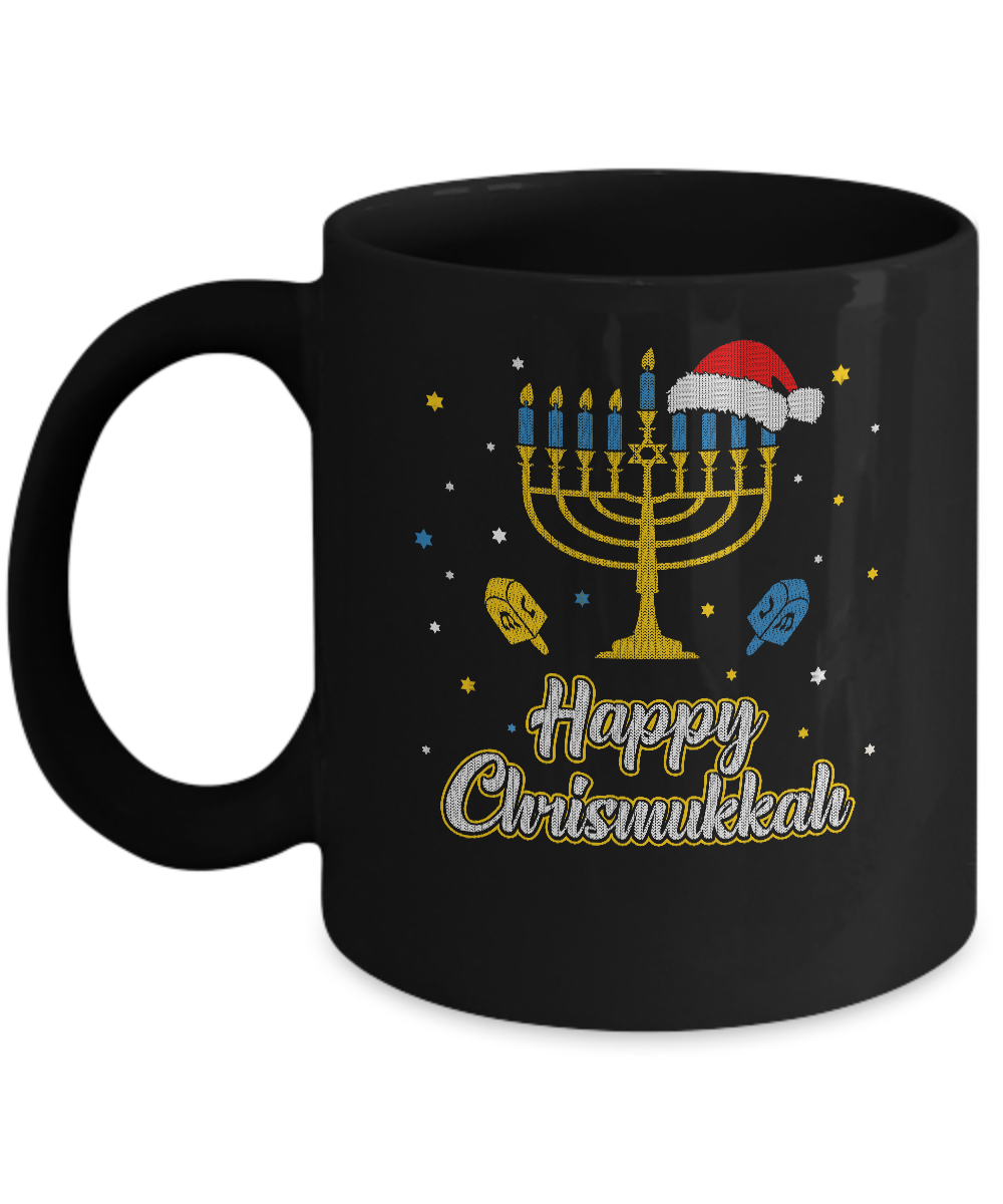 Christmas Ugly Hanukkah Sweater Menorah Happy Chrismukkah Mug-Coffee Mug-11oz Mug-Black