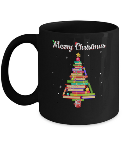 Merry Christmas Tree Love Reading Books Librarian Mug-Coffee Mug-11oz Mug-Black