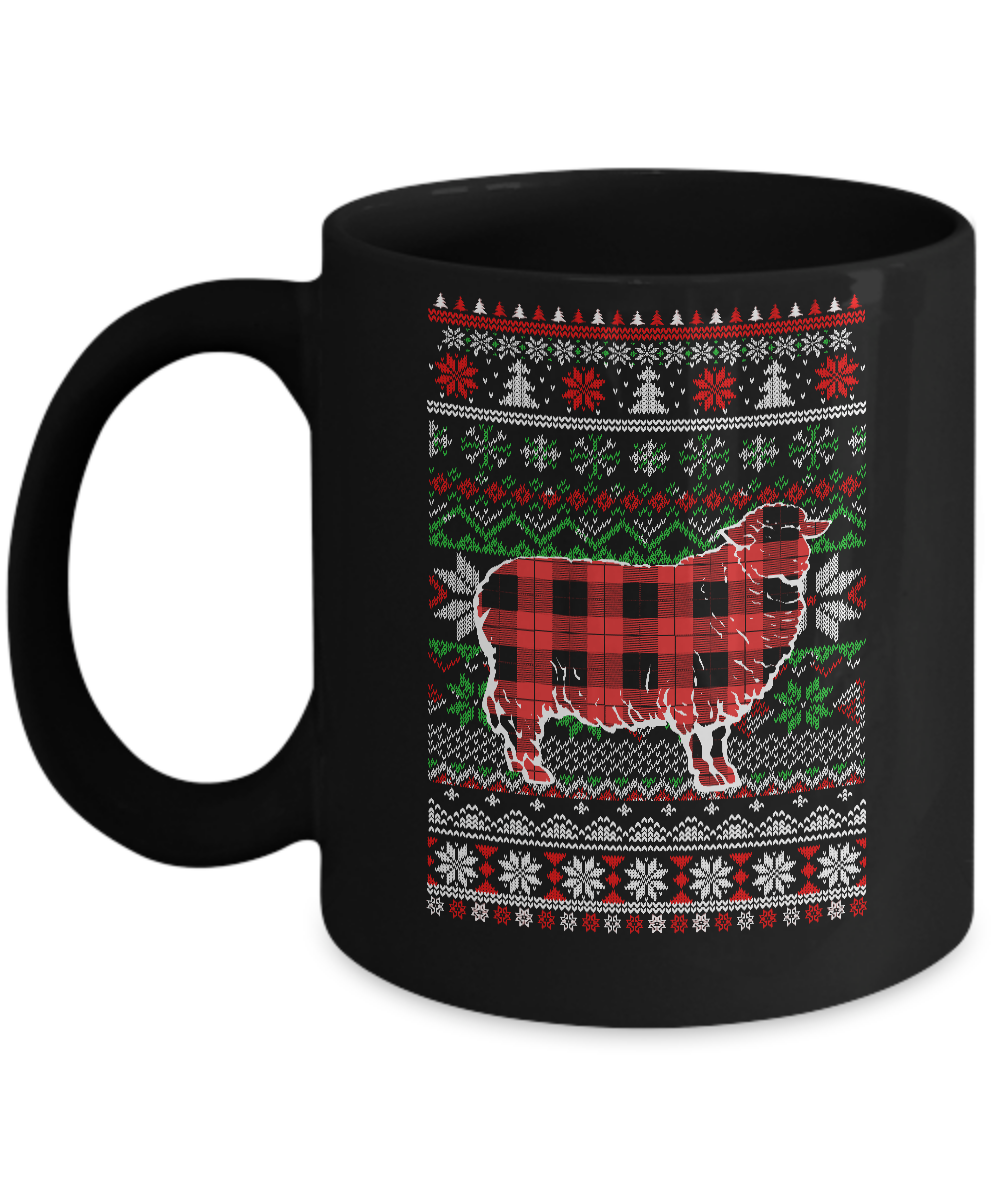 Sheep Red Plaid Ugly Christmas Sweater Funny Gifts Mug-Coffee Mug-11oz Mug-Black