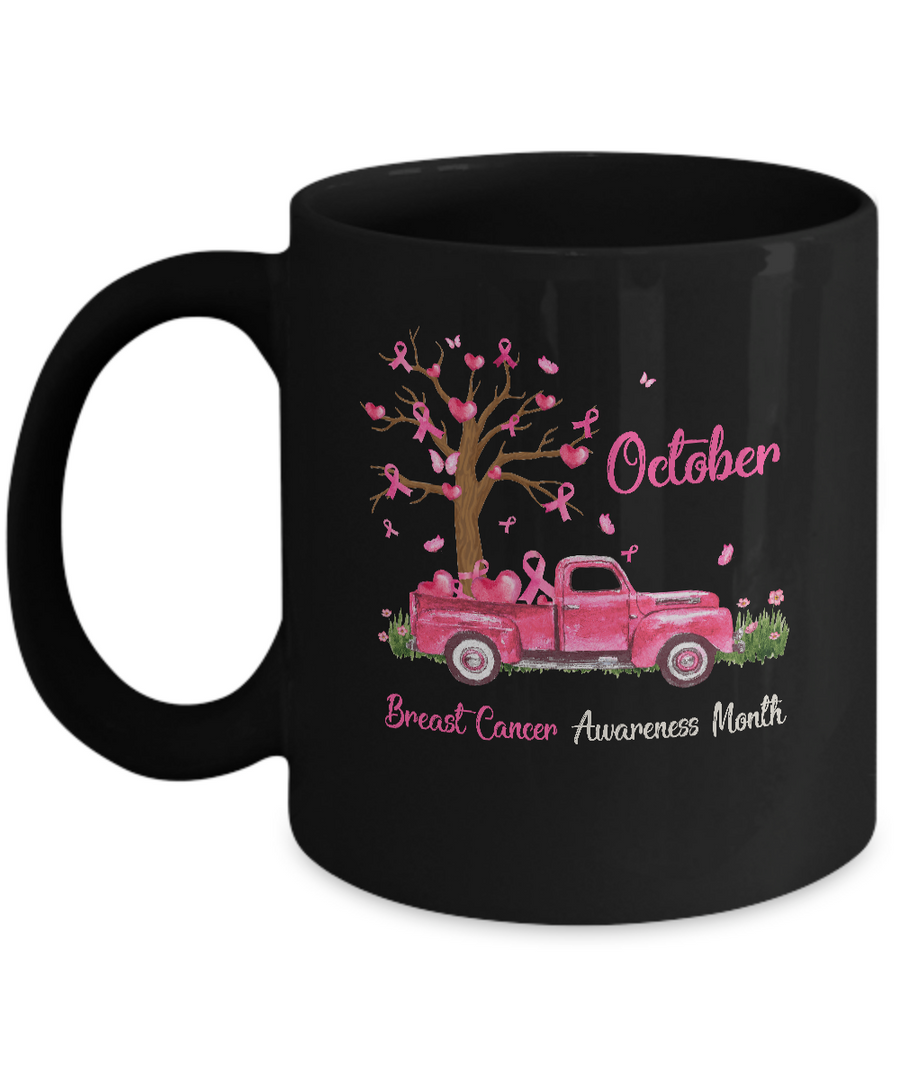Pink Truck Pumpkin October Breast Cancer Awareness Month Mug-Coffee Mug-11oz Mug-Black