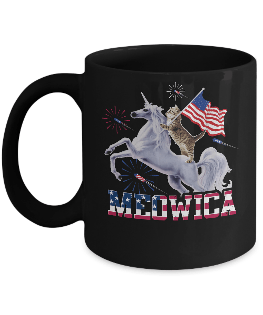 Meowica 4Th Of July Funny Cat On Unicorn Independence Mug-Coffee Mug-11oz Mug-Black