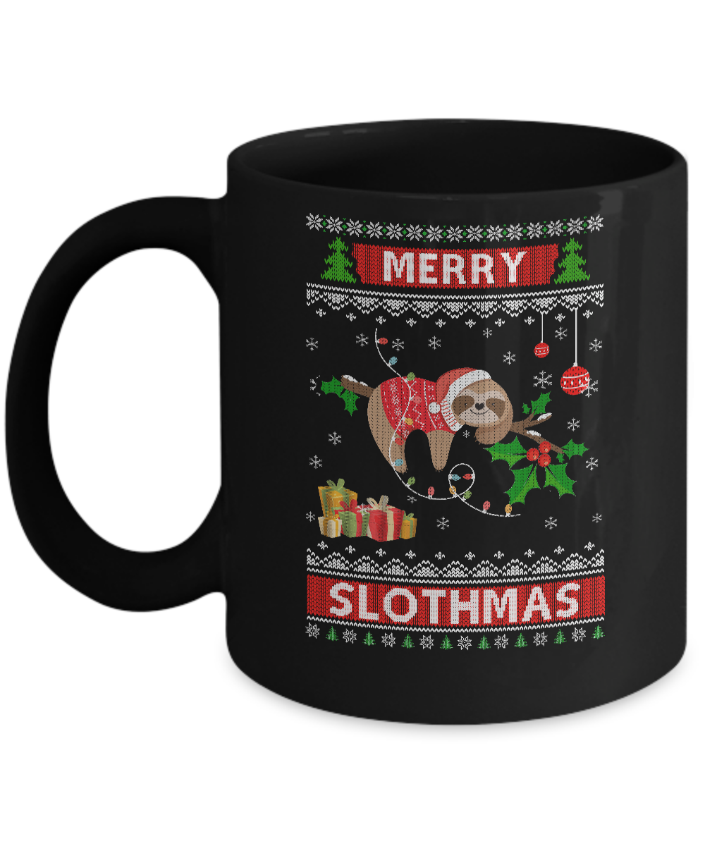 Merry Slothmas Funny Sloth Ugly Christmas Sweater Mug-Coffee Mug-11oz Mug-Black