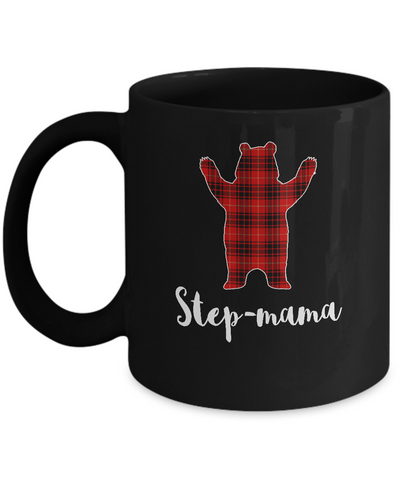 Red Step-Mama Bear Buffalo Plaid Family Christmas Pajamas Mug-Coffee Mug-11oz Mug-Black