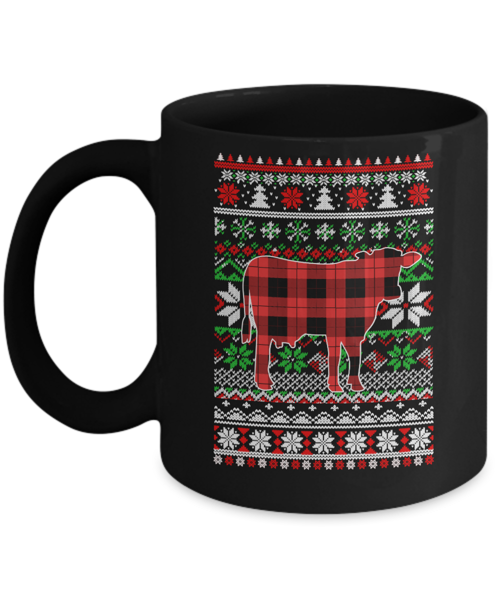 Cow Red Plaid Ugly Christmas Sweater Funny Gifts Mug-Coffee Mug-11oz Mug-Black