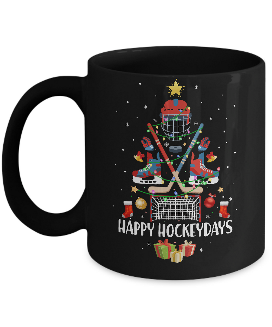 Happy Hockeydays Ice Hockey Christmas Tree Funny Xmas Gift Mug-Coffee Mug-11oz Mug-Black