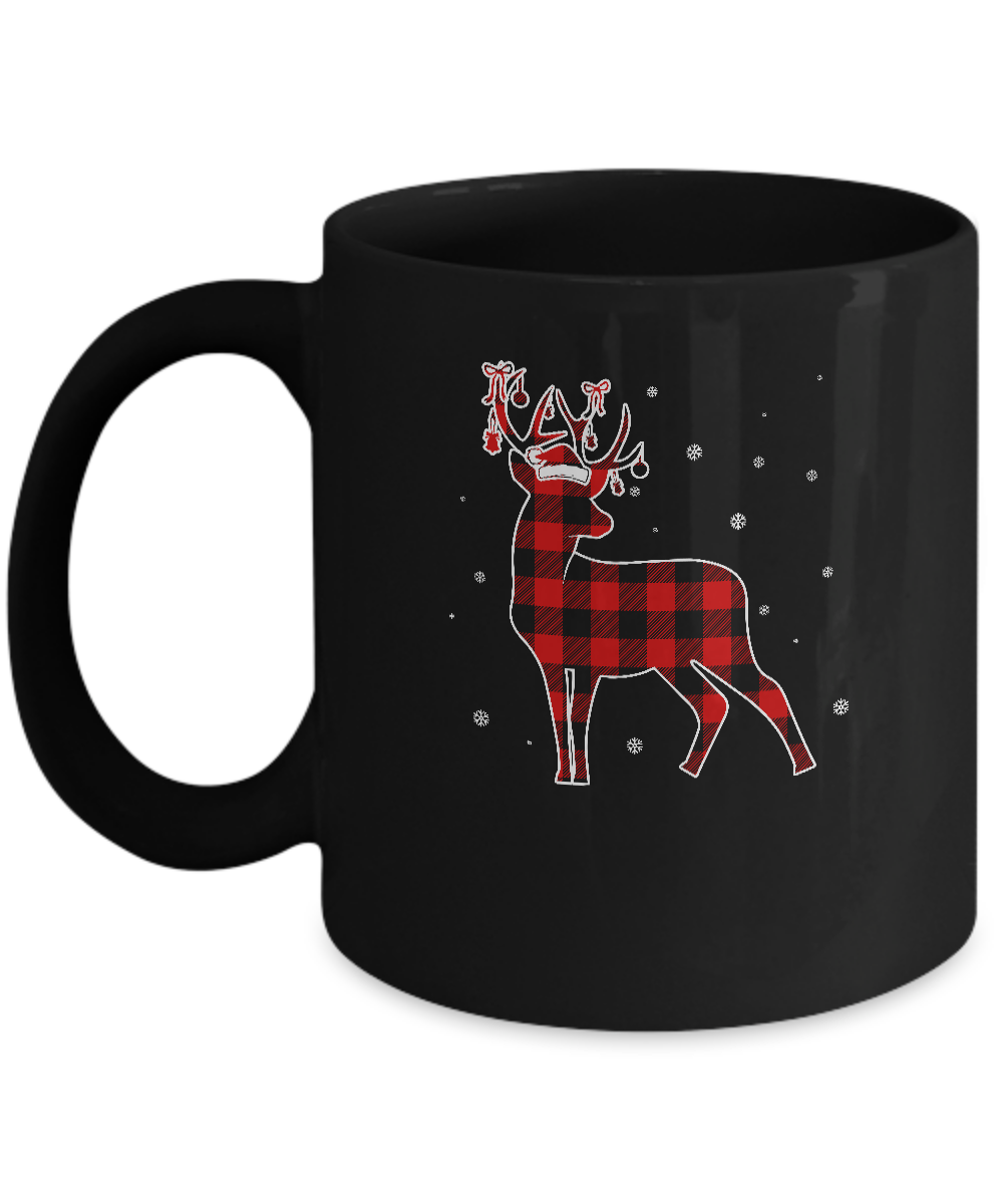 Red Plaid Deer Santa Hat Christmas Buffalo Plaid Mug-Coffee Mug-11oz Mug-Black