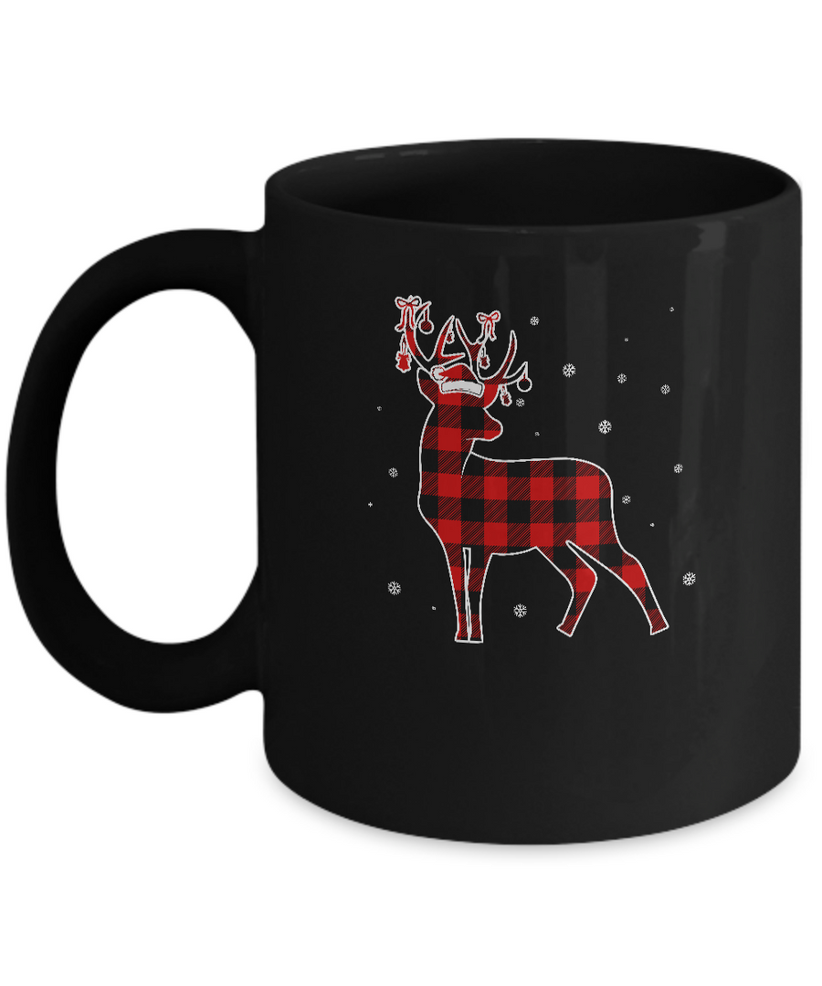 Red Plaid Deer Santa Hat Christmas Buffalo Plaid Mug-Coffee Mug-11oz Mug-Black