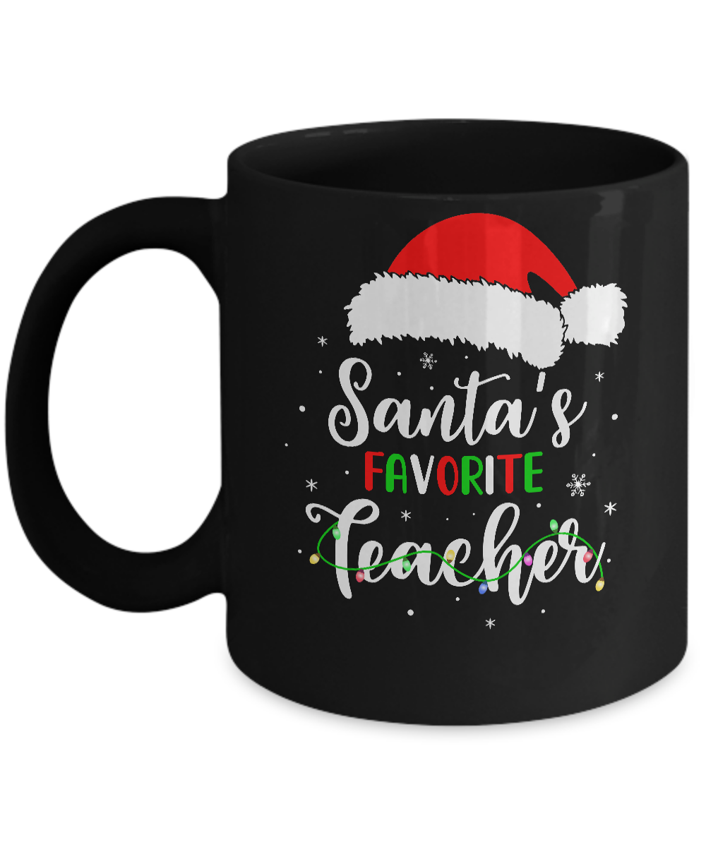 Santa's Favorite Teacher Santa Hat Christmas Light Gift Mug-Coffee Mug-11oz Mug-Black
