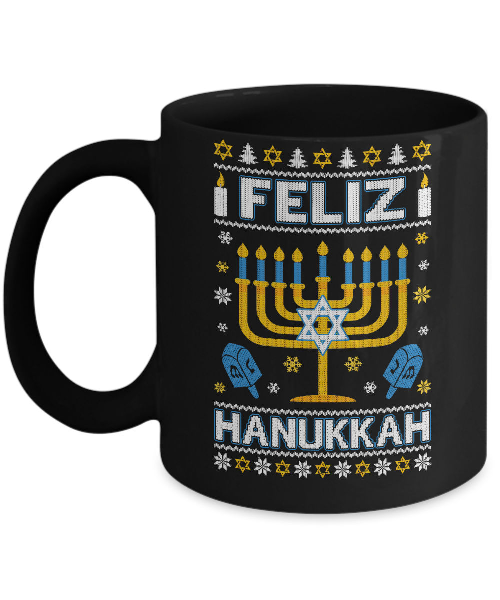 Happy Hanukkah Ugly Sweater Feliz Chanukah Menorah Mug-Coffee Mug-11oz Mug-Black