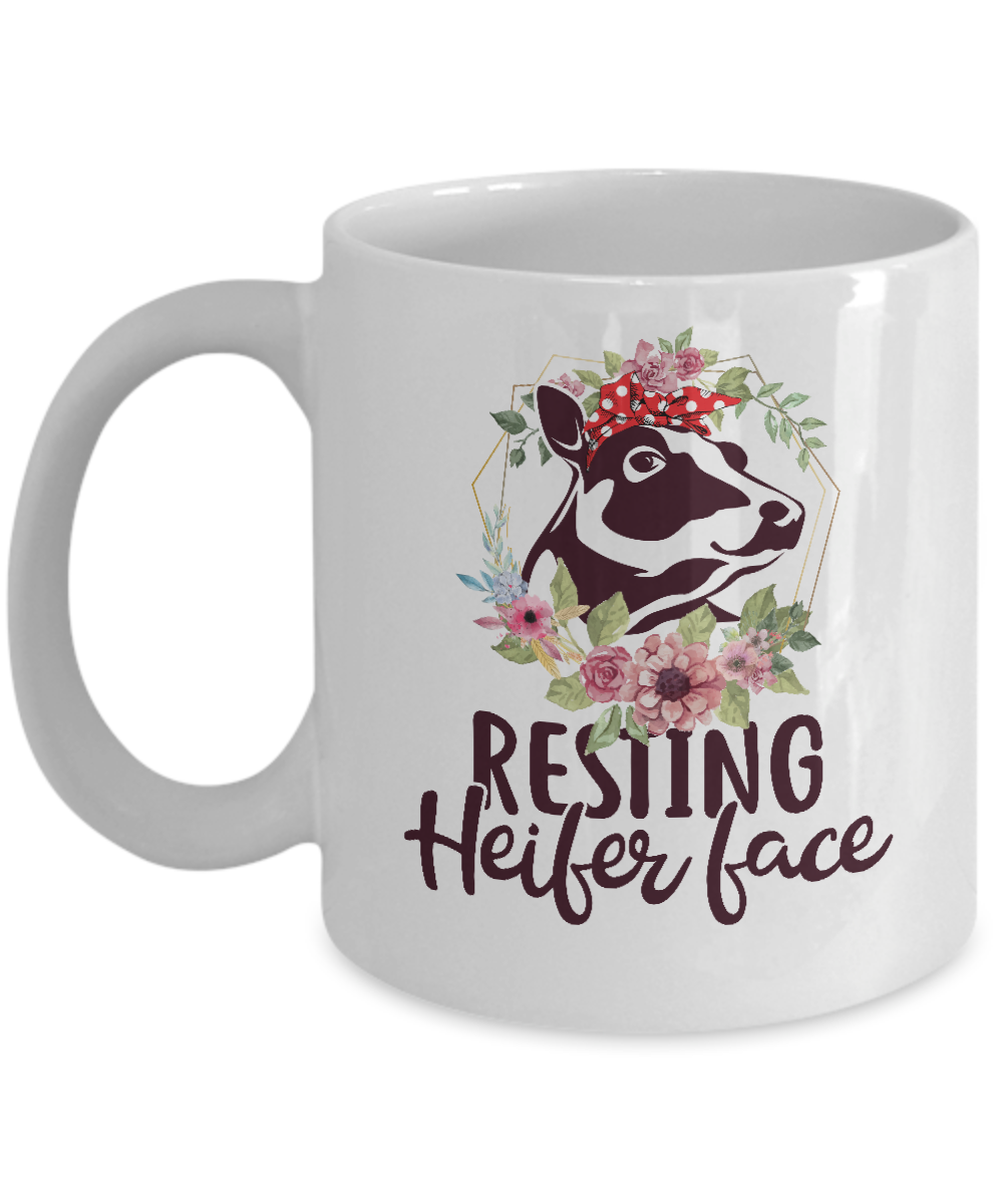 Funny Farmer Women Girl Cow Resting Heifer Face Mug-Coffee Mug-11oz Mug-White