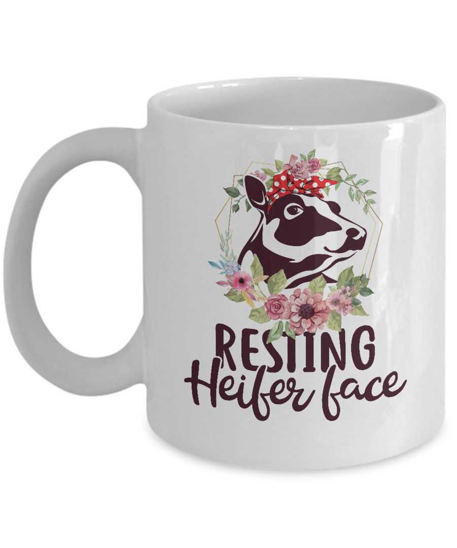 Funny Farmer Women Girl Cow Resting Heifer Face Mug-Coffee Mug-11oz Mug-White