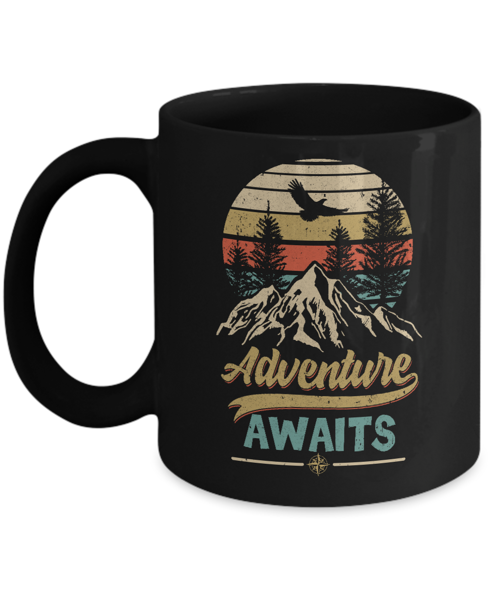 Vintage Adventure Awaits Camping Camper Outdoor Travel Mug-Coffee Mug-11oz Mug-Black